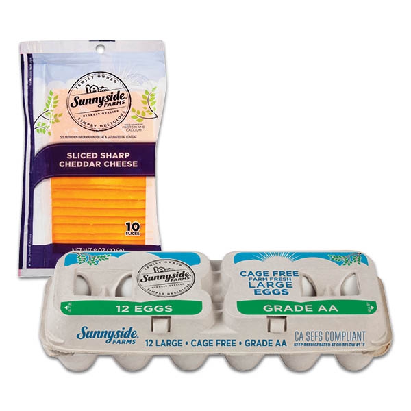 :$1.97 Sunnyside Farms Shredded or Sliced Cheese 8 oz., or Sunnyside Farms Cage Free Large Grade AA Eggs 1 dozen, select varieties. Limit 4, while supplies last.